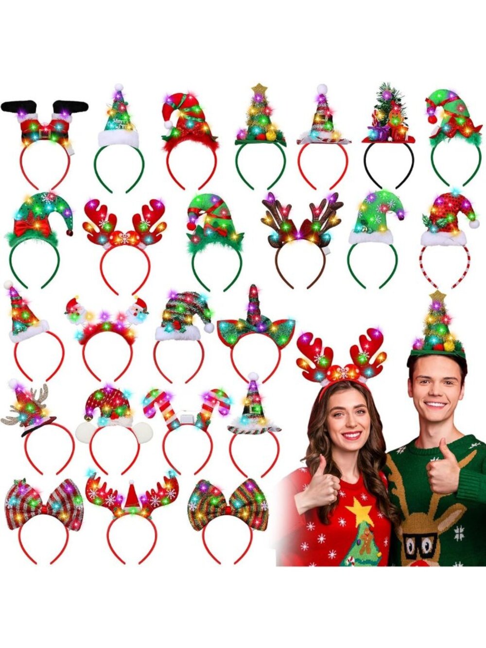 24 Pcs Christmas LED Headbands - Light Up Reindeer Antlers & Elf Hats for